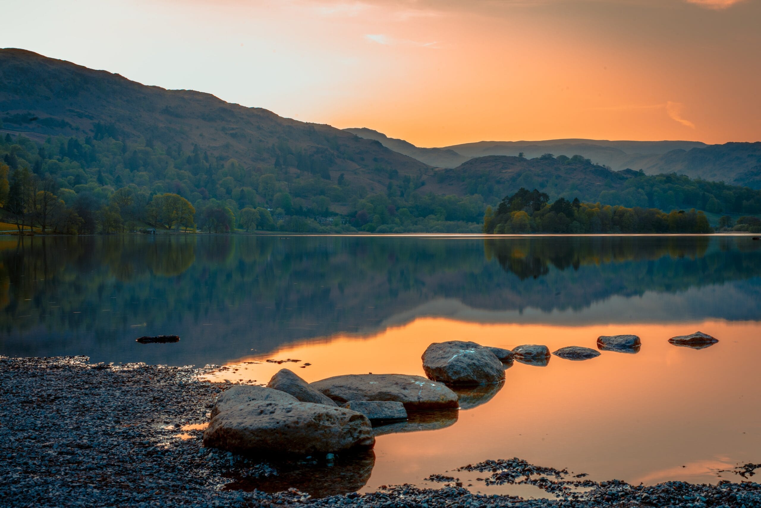 Golden evening light over a Lake District lake